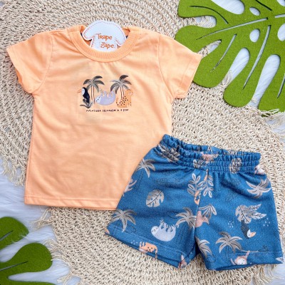 Conj. Camiseta Aventura Selvagem à Vista e Bermuda - Laranja